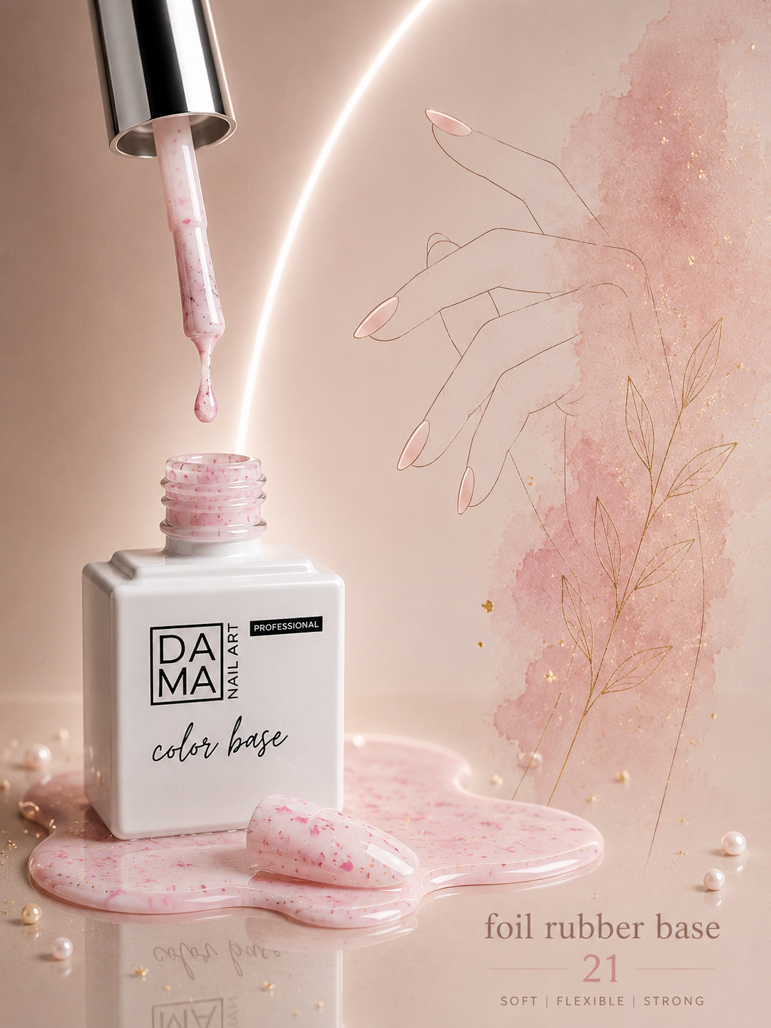 Rubber base color blanco lechoso con foil flake 21 DAMA NAIL ART HEMA & TPO FREE