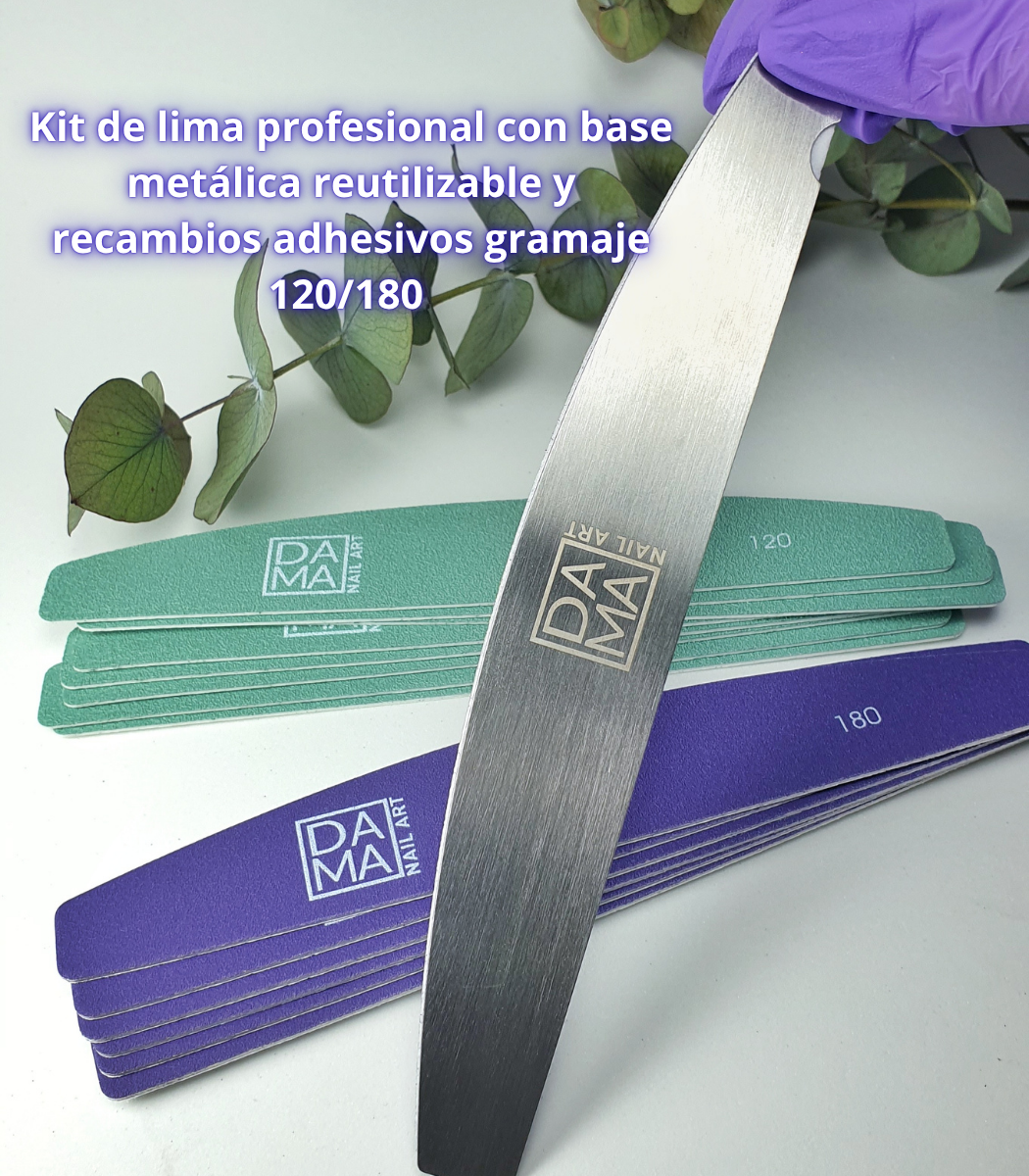 Kit de limas minerales profesionales con base metálica reutilizable y recambios adhesivos gramaje 120/180